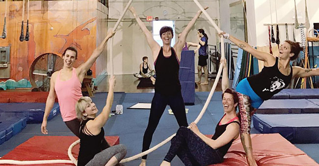 photo of esh staff playing on aerial rope