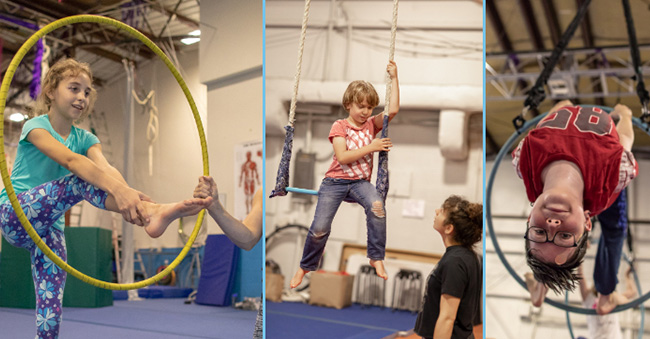 children playing and training on aerial hoop and trapeze