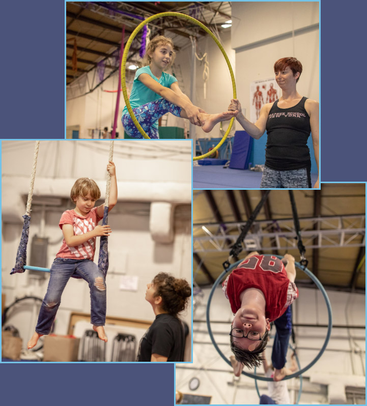 children playing and training on aerial hoop and trapeze