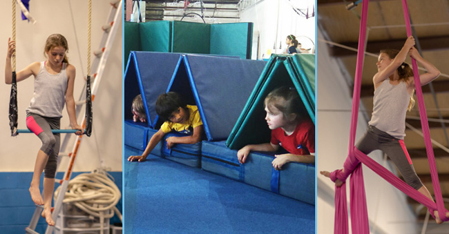children playing and training on aerial fabric and trapeze