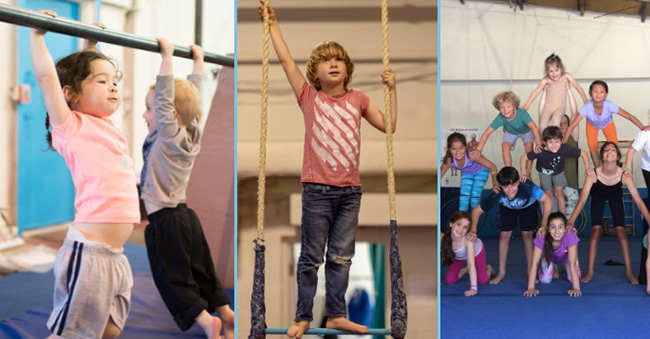 children training on trapeze and playing