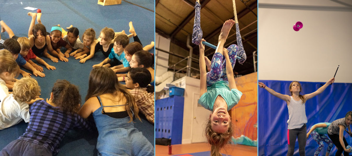 youth participating in circus activities at esh circus arts summer program